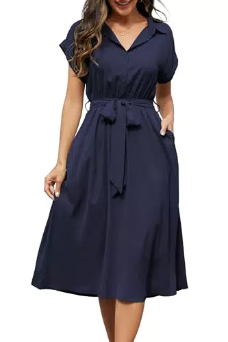 Sommerkleid Damen V-Ausschnitt Midi Wickelkleid mit Taschen
