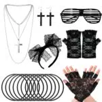 80er Jahre Damen Kostüm Zubehör Set - Spitze Stirnband, Ohrringe, Fischnetz Handschuhe