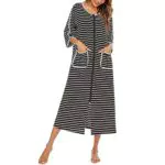 Cocoarm Damen Lang Morgenmantel Gestreiftes Langes Nachthemd mit 3/4 Ärmel Reißverschluss Rundhals Nachtwäsche mit Tasche Weiche Gemütliche Robe Loungewear Hausmantel
