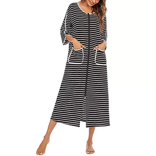 Cocoarm Damen Lang Morgenmantel Gestreiftes Langes Nachthemd mit 3/4 Ärmel Reißverschluss Rundhals Nachtwäsche mit Tasche Weiche Gemütliche Robe Loungewear Hausmantel