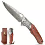 Einhandmesser Damast Taschenmesser - Hochwertiger Damaststahl, Lederscheide - Outdoor Klappmesser mit VG10 Kern und Holzgriff - Geschenk für Messerliebhaber