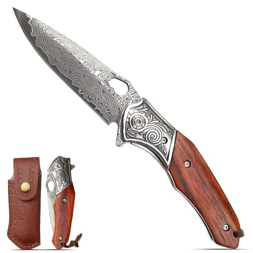 Einhandmesser Damast Taschenmesser - Hochwertiger Damaststahl, Lederscheide - Outdoor Klappmesser mit VG10 Kern und Holzgriff - Geschenk für Messerliebhaber