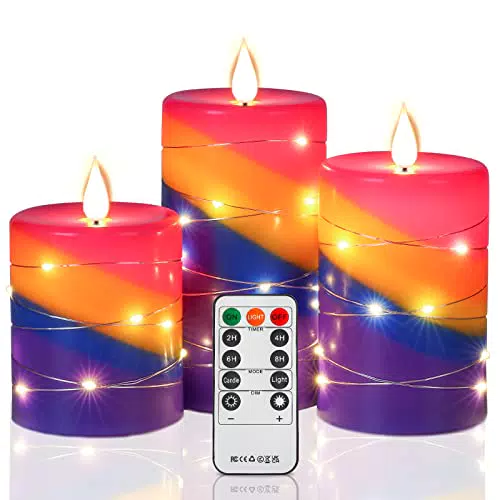 LED-Kerze mit Lichterkette und Fernbedienung - Tanzende Flamme und Regenbogenverlauf