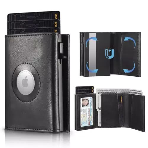DOMIPHIE Airtag Wallet mit RFID Schutz für Herren - Slim Wallet mit Münzfach und Pop-Up Mechanismus