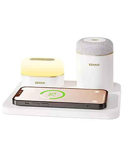 EZVALO Wireless Charger 3 in 1 mit Induktiver Ladestation, Nachttischlampe und Bluetooth Lautsprecher - QI Ladestation für iPhone, Airpods, Samsung, Huawei, Xiaomi - Geschenkidee für Frauen
