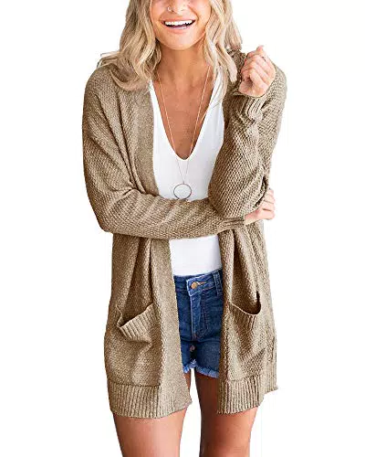 Strickjacke Damen Langarm Cardigan Feziakuk Übergangsjacke mit Tasche