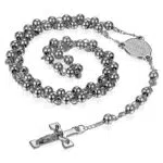 Flongo Rosenkranz Kette Halskette, Edelstahl Anhänger Halskette Kette Kugelkette Gold Golden Jungfrau Maria Jesus Christus Kruzifix Kreuz Kugel Perlen Klassiker Herren