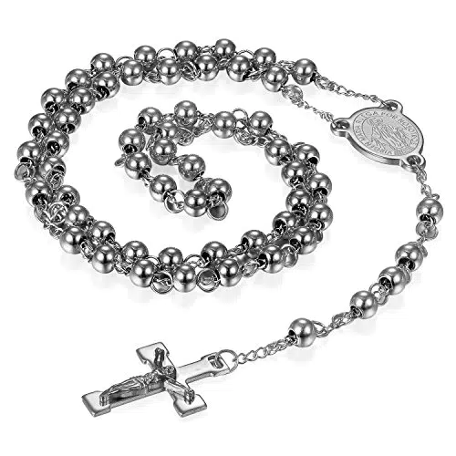 Flongo Rosenkranz Kette Halskette, Edelstahl Anhänger Halskette Kette Kugelkette Gold Golden Jungfrau Maria Jesus Christus Kruzifix Kreuz Kugel Perlen Klassiker Herren