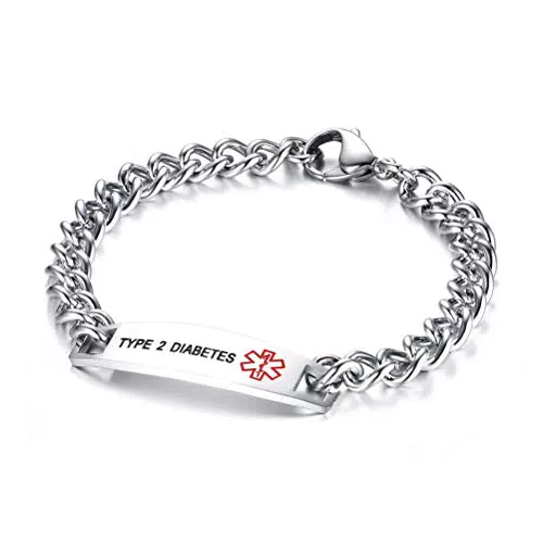 Flongo SOS Damen Medical Armband Männer Armreif, Edelstahl Armkette Kette Panzerkette Silber Krankheit Medical Alert ID Notfall Medizinische Marke Herren-Accessoires Type 1 Diabetes