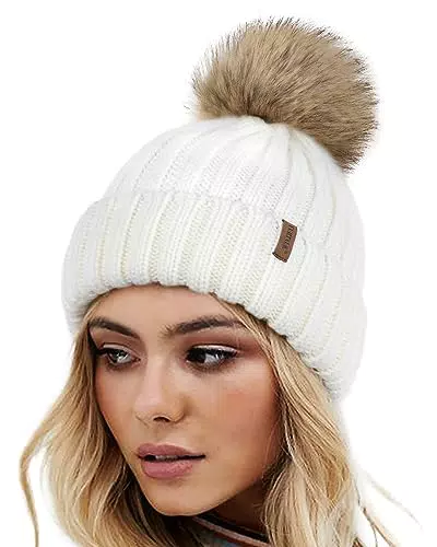 FURTALK Wintermütze warme Strickmütze Damen Mütze mit Kunstpelz Bommel