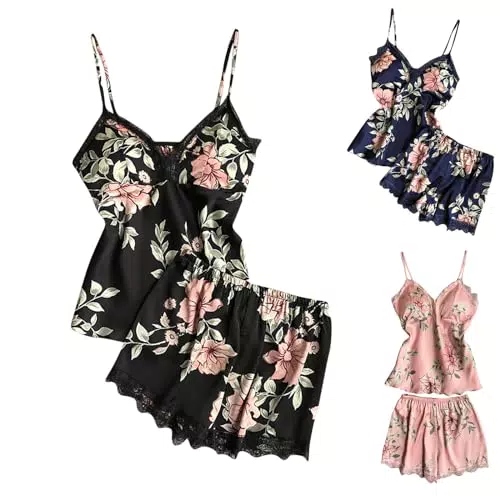 Damen Schlafanzug Set mit ärmellosem Pyjama-Top und Hose - Sommer Nachtwäsche - Schwarz