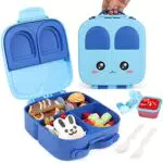 Kinder Bento Box mit Fächern und abnehmbarem Teiler - Lunchbox für Kindergarten, Mädchen - Tragegriff, Saucenglas, Löffel & Gabel (Blau)
