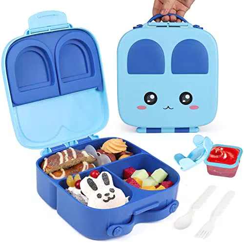 Kinder Bento Box mit Fächern und abnehmbarem Teiler - Lunchbox für Kindergarten, Mädchen - Tragegriff, Saucenglas, Löffel & Gabel (Blau)