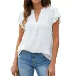 Gototop Damen Sommerbluse mit V-Ausschnitt aus Chiffon - Elegantes Design mit Rüschen - Leicht und atmungsaktiv - Polka Dot Muster - Kurzärmlig