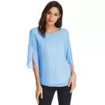 Grace Karin Damen Chiffon Bluse Langarm Rundhals Oberteil Elegant Hellblau