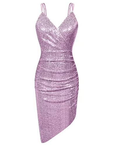 Grace Karin Damen Wrap Club Kleid V-Neck Cocktailkleid Glitzer Lila