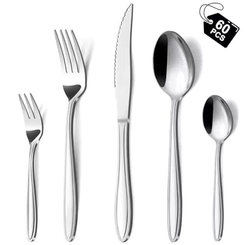 Besteckset von Hunnycook mit Liniengriff für 12 Personen - Edelstahl, elegant für Haus, Restaurant, Party - Spülmaschinenfest