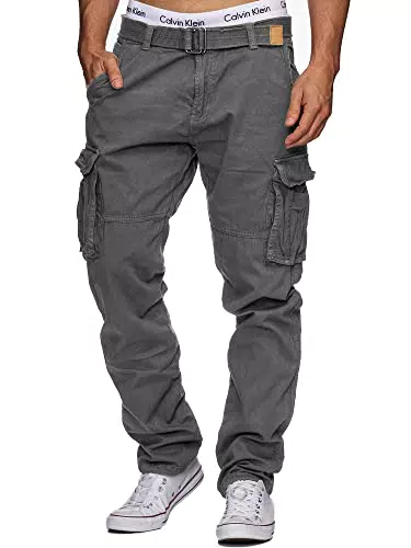 Indicode Herren William Cargohose aus Baumwolle mit 7 Taschen und Gürtel - Outdoorhose Iron