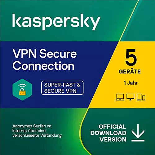 Kaspersky VPN Secure Connection für 5 Geräte | 1 Jahr Laufzeit | PC, Mac, Android, iOS | Aktivierungscode per E-Mail