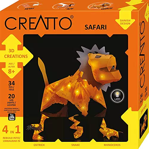 KOSMOS CREATTO Safari 3D-Leuchtfiguren Set für Löwe, Vogelstrauß, Schlange, Nashorn