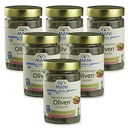 Bio Grüne & Kalamata Oliven mit Chili & Kräutern - 6er Pack