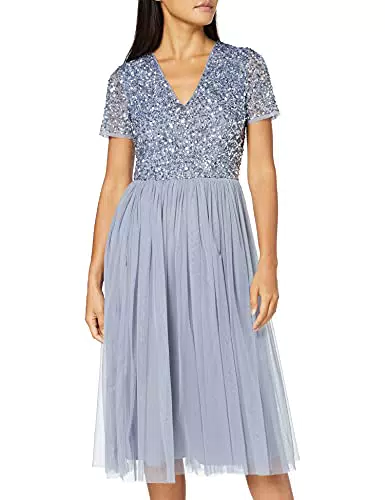 Maya Deluxe Damen Midi-Kleid mit V-Ausschnitt - Verziertes Brautjungfernkleid