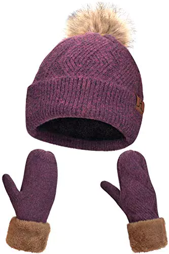 Maylisacc Wintermütze Damen mit Bommel und Fäustlinge Warm Winter Set für Frauen