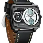 MEGALITH Herrenuhr mit Lederarmband: Großes quadratisches Zifferblatt, Multi-Zeitzonen - Digitale Sportuhr für Herren in Schwarz