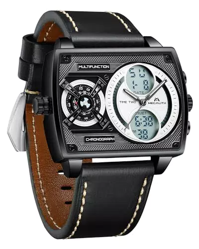 MEGALITH Herrenuhr mit Lederarmband: Großes quadratisches Zifferblatt, Multi-Zeitzonen - Digitale Sportuhr für Herren in Schwarz