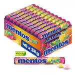 Mentos Frucht-Dragees, Fruchtgeschmack (Orange, Zitrone, Erdbeere), Multipack, vegan.