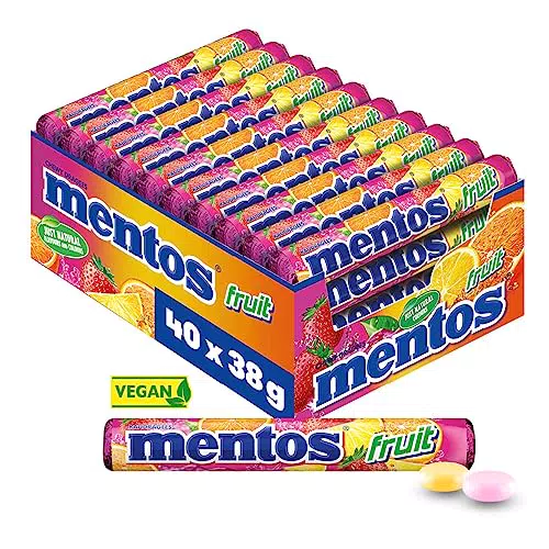 Mentos Frucht-Dragees, Fruchtgeschmack (Orange, Zitrone, Erdbeere), Multipack, vegan.