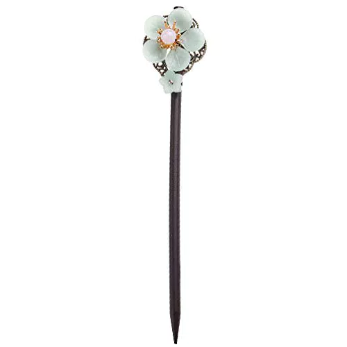 Mobestech Holz Haarstab - Japanische Haarnadel mit Blumenmuster und Opal Haarspange