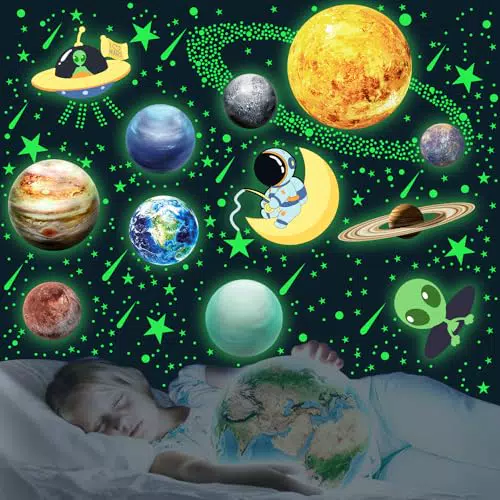 "MORCART Leuchtende Sterne und Planeten Wandtattoos für Kinderzimmer - Astronauten und Aliens Deko"