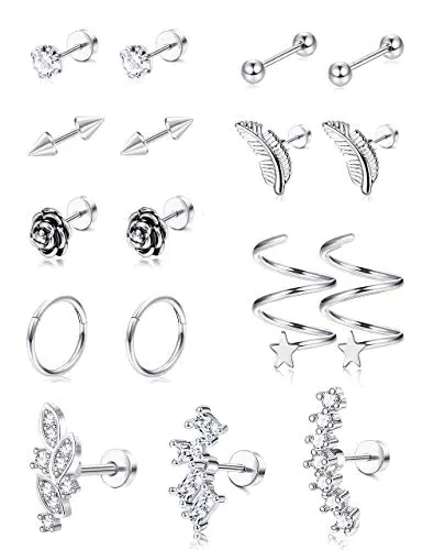 Edelstahl Piercing Set für Frauen und Männer - Helix, Tragus, Daith, Lippe, Nase, Septum, Monroe, Augenbraue - 17-teilig