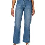 NA-KD Damen Straight High Waist Jeans con Orlo Grezzo - Blau