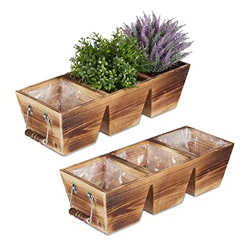 Relaxdays Blumenkasten aus Holz mit 3 Fächern und Folie, Vintage Kräuterkiste