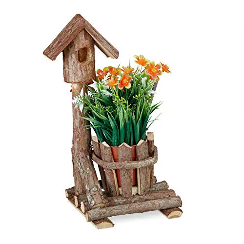 Holz Blumentopf mit Deko Vogelhaus - Rustikale Dekoration für Innen & Außen