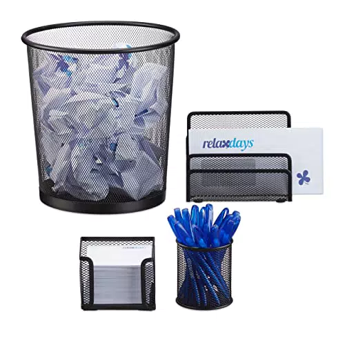 Schreibtisch Organizer Metall Set - Ablage, Zettelbox, Stifteköcher, Mülleimer