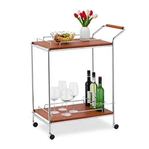 Servierwagen von Relaxdays mit Rollen und 2 Etagen, Flaschenhalter, Holzoptik & Chrom. Maße: 90x77x40 cm. Perfekt für die Küche.