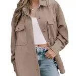 Damen Fuzzy Fleece Mantel mit Knopfleiste und Reverskragen - Langärmlige Hemdjacke in Khaki