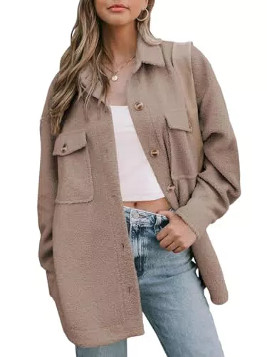 Damen Fuzzy Fleece Mantel mit Knopfleiste und Reverskragen - Langärmlige Hemdjacke in Khaki