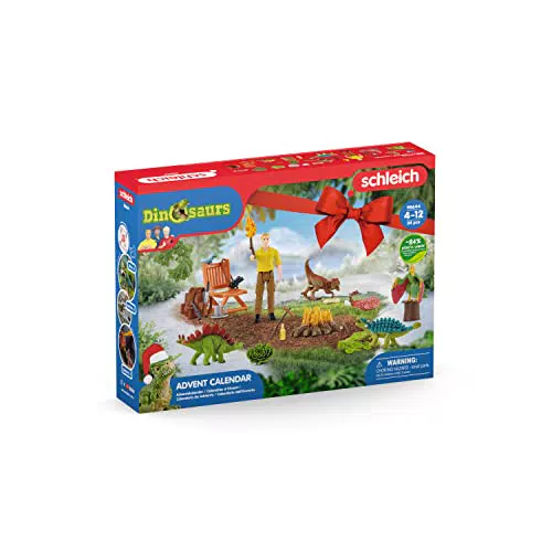 Schleich Adventskalender DINOSAURS 2022 für Kinder ab 5 Jahren - Dino-Fans mit menschlicher Spielfigur und Dschungel Abenteuer-Zubehör.