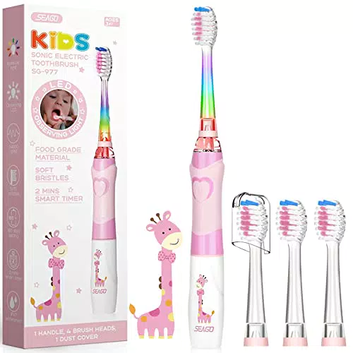 SEAGO Elektrische Zahnbürste Kinder ab 3-12 jahre Kinderzahnbürsten mit Farbigem Licht Smart Timer 4 Weich Bürstenköpfes Wasserdicht Baby Schallzahnbürste für Mädchen Jungen SG-977