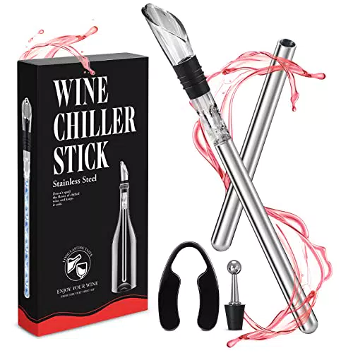 Weinkühler Set aus Edelstahl mit 5 Funktionen: Stab, Ausgießer, Flaschenverschluss, Folienschneider - Ideales Geschenk für Weinliebhaber