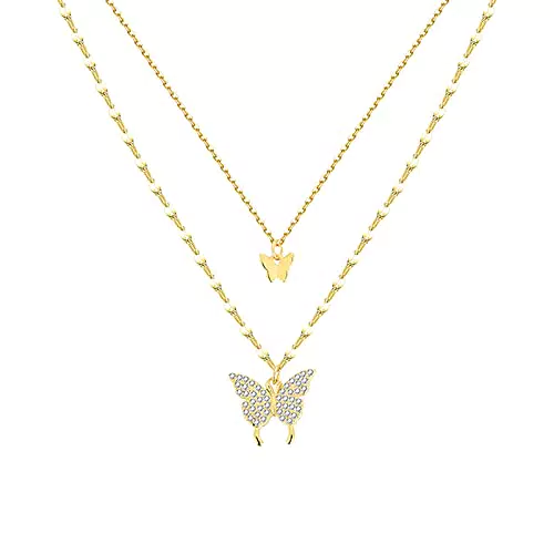 Schmetterling Halskette aus Sterling Silber - Doppelschicht Anhänger Kette
