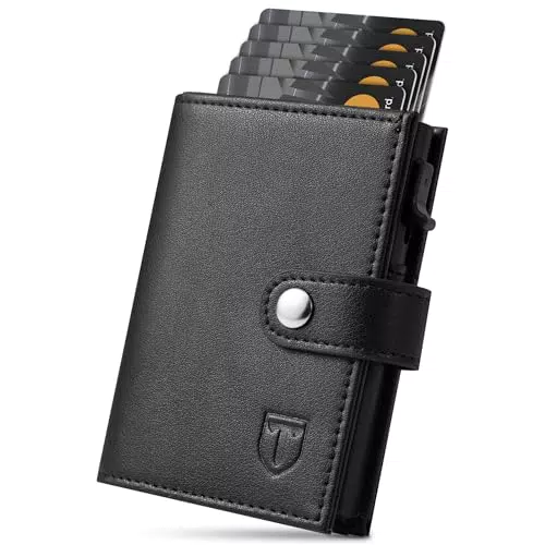 Geldbörse Herren Slim RFID Schutz Portmonee mit Automatischem Popup, Knopfverschluss Kartenetui & Klappbares Banknotenfach - Schwarz