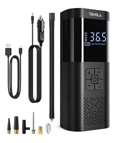 Elektrische Luftpumpe mit LED Licht für Auto und Fahrrad - Akku Kompressor mit Manometer