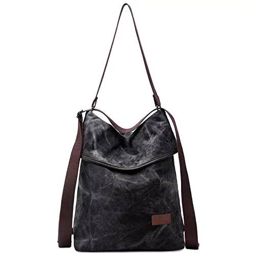 Canvas Handtasche Rucksack Damen Vintage Umhängetasche - Schwarz