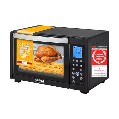 Minibackofen von TZS First Austria mit 30L Fassungsvermögen und 1600 Watt - Digitalanzeige und Drehspieß - Schwarz