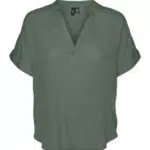 Vero Moda Damen Top Casual mit Umgeschlagenen Ärmeln und Splitneck - Kurzarm Bluse - Grün